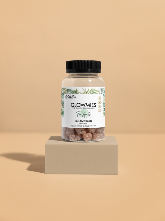 Multivitamin Daily Gummies for adults GLOWMIES Multivitamin Gummies for Adults in a bottle, 60 gummies, deliver essential vitamins, minerals, and antioxidants that support energy, immunity, metabolism, and overall vitality. supports energy, hair health, non-GMO, corn-free, FDA and GMP certified.