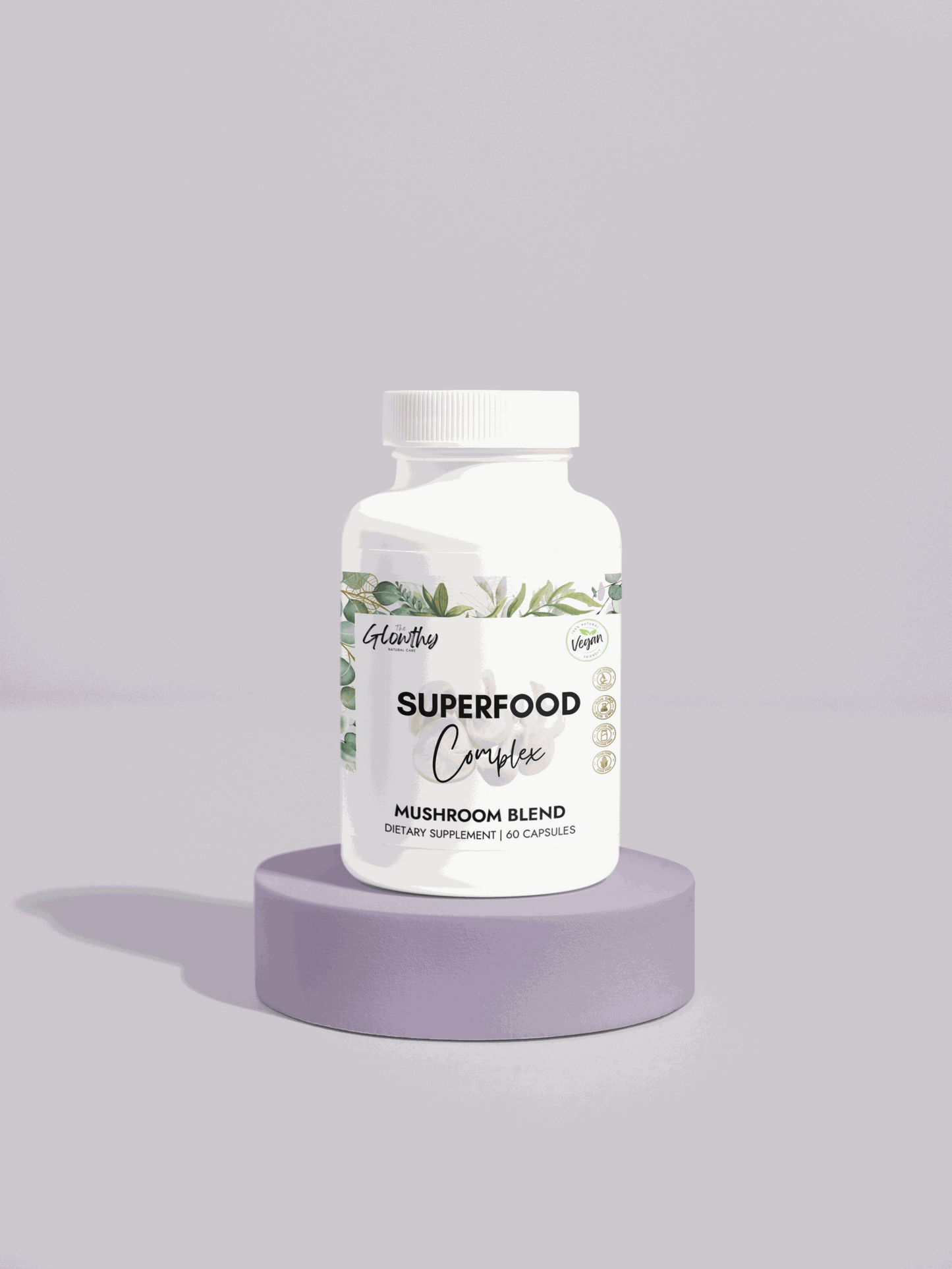 Mushroom Powder Benefits SUPERFOOD COMPLEX Mushroom Blend Supplement bottle with 60 capsules, featuring Cordyceps, Shiitake, and Lion's Mane for brain and energy support. Discover the Mushroom Powder Benefits. Power through your busiest days with focus, clarity, and natural energy. Your daily ally for enhanced vitality and wellness. bottle on a pedestal.