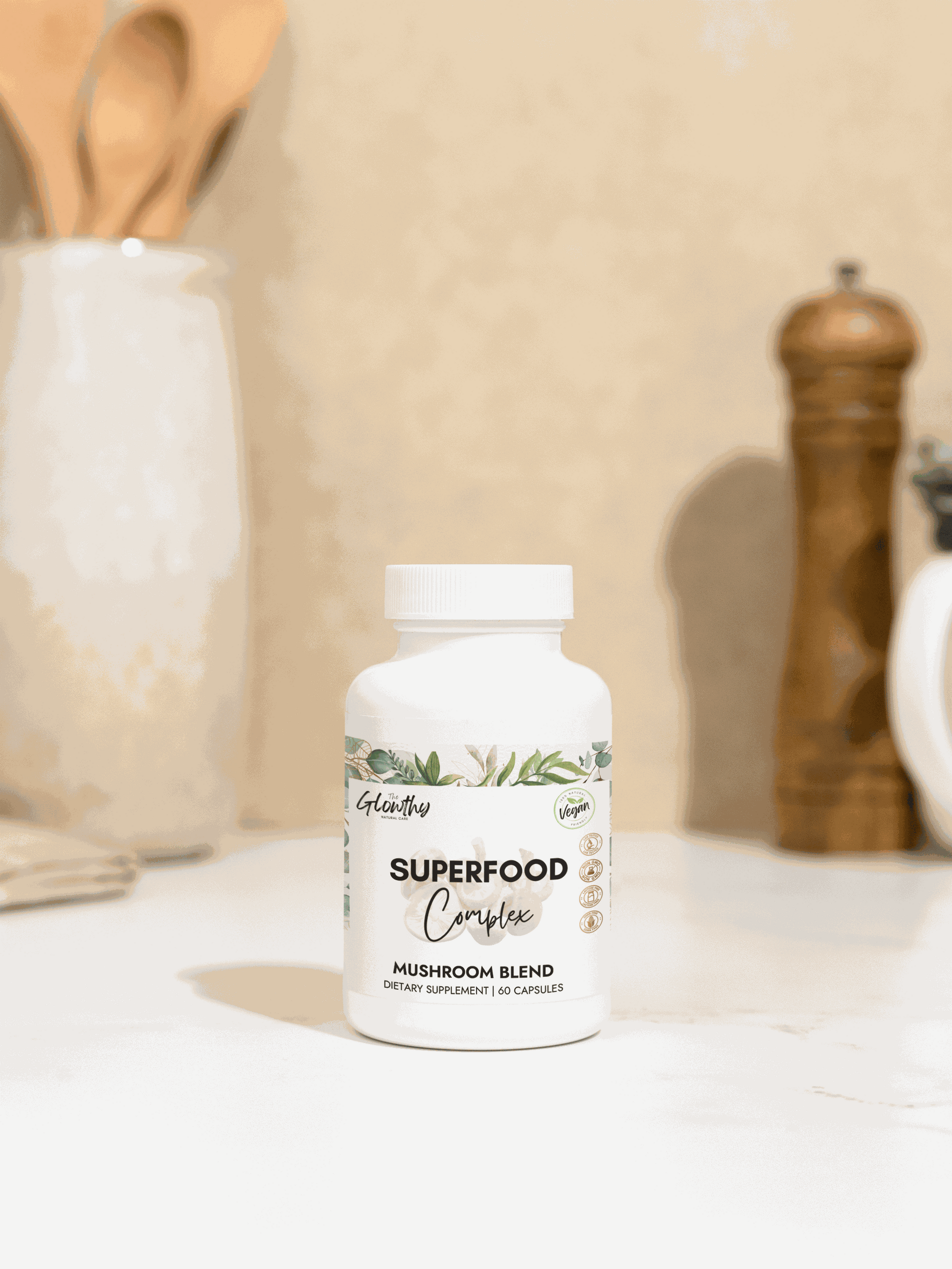 Mushroom Powder Benefits SUPERFOOD COMPLEX Mushroom Blend Supplement bottle with 60 capsules, featuring Cordyceps, Shiitake, and Lion's Mane for brain and energy support. Discover the Mushroom Powder Benefits. Power through your busiest days with focus, clarity, and natural energy. Your daily ally for enhanced vitality and wellness. 
