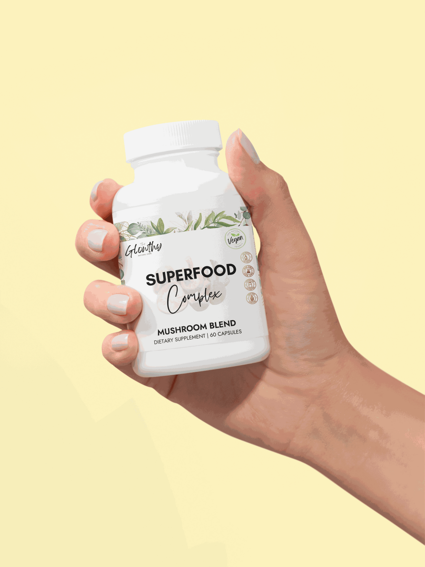 Mushroom Powder Benefits SUPERFOOD COMPLEX Mushroom Blend Supplement bottle with 60 capsules, featuring Cordyceps, Shiitake, and Lion's Mane for brain and energy support. Discover the Mushroom Powder Benefits. Power through your busiest days with focus, clarity, and natural energy. Your daily ally for enhanced vitality and wellness. 