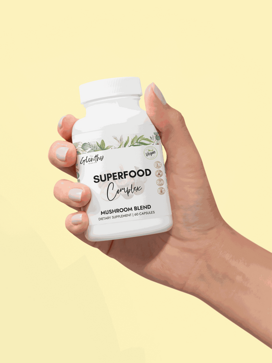 Mushroom Powder Benefits SUPERFOOD COMPLEX Mushroom Blend Supplement bottle with 60 capsules, featuring Cordyceps, Shiitake, and Lion's Mane for brain and energy support. Discover the Mushroom Powder Benefits. Power through your busiest days with focus, clarity, and natural energy. Your daily ally for enhanced vitality and wellness. 