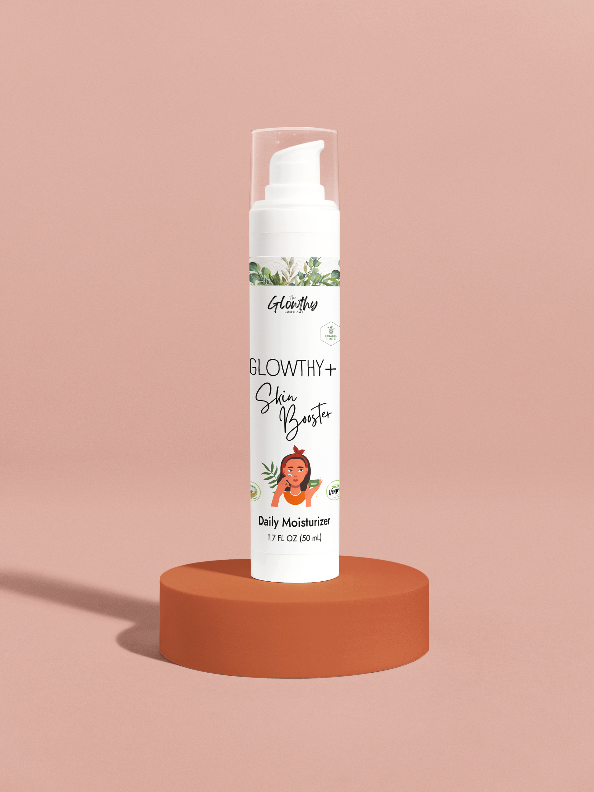 Daily Moisturizer for radiant skin GLOWTHY+ SKIN BOOSTER Daily Moisturizer, 1.7oz in white plastic bottle with white airless pump, for hydrated, radiant skin.