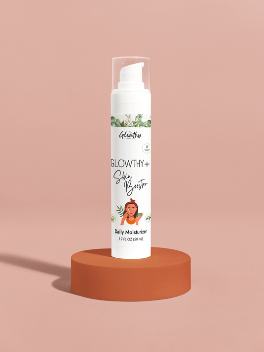 GLOWTHY+ SKIN BOOSTER Daily Moisturizer, 1.7oz bottle with white airless pump, for hydrated, radiant skin.