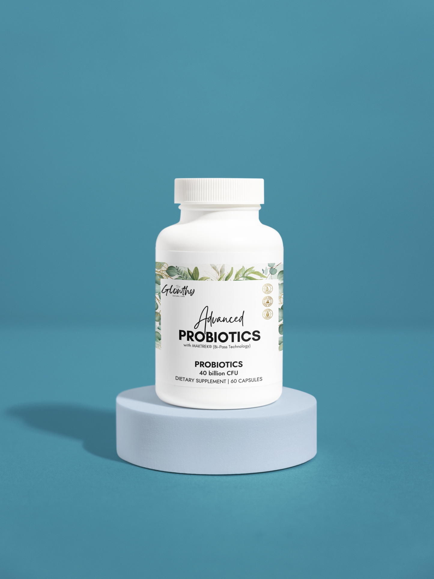 Probiotics benefits - ADVANCE PROBIOTICS Supplement (60 Capsules), upports good bacteria in the digestive tract, athletic performance and reduces muscle damage. ADVANCE PROBIOTICS Supplement bottle on a pedestal, 60 capsules.