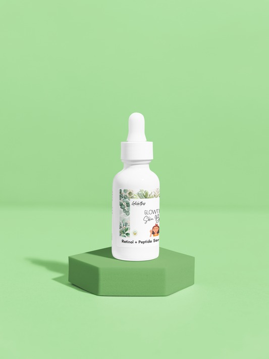 Retinol and Peptide Face Serum in white glass bottle on green background.