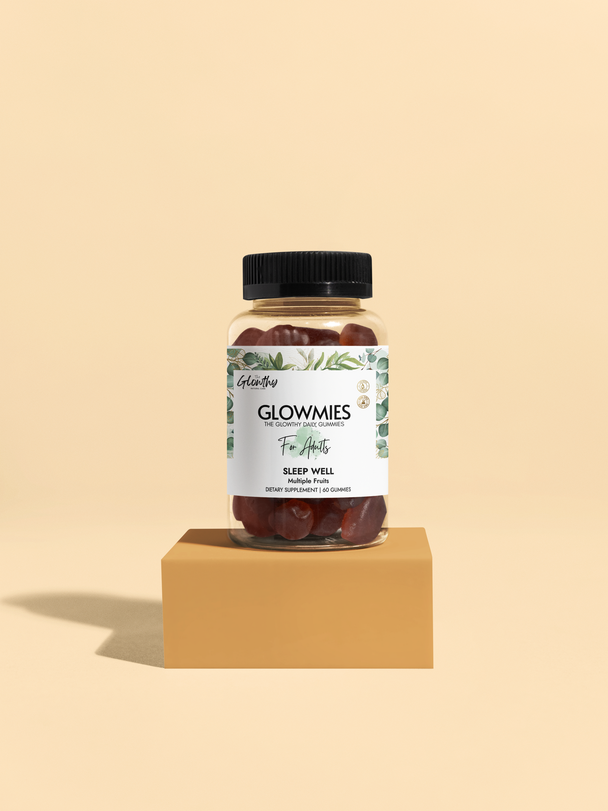 Sleep Well Melatonin Gummies GLOWMIES Sleep Well Gummies designed to enhance sleep, support healthy sleep patterns, provide antioxidant support and promote healthy circadian rhythms, bottle with 60 gummies