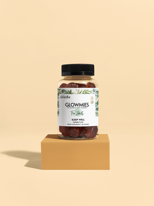 Sleep Well Melatonin Gummies GLOWMIES Sleep Well Gummies designed to enhance sleep, support healthy sleep patterns, provide antioxidant support and promote healthy circadian rhythms, bottle with 60 gummies