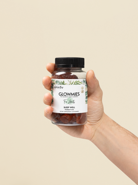 Sleep Well Melatonin Gummies GLOWMIES Sleep Well Gummies designed to enhance sleep, support healthy sleep patterns, provide antioxidant support and promote healthy circadian rhythms, bottle with 60 gummies