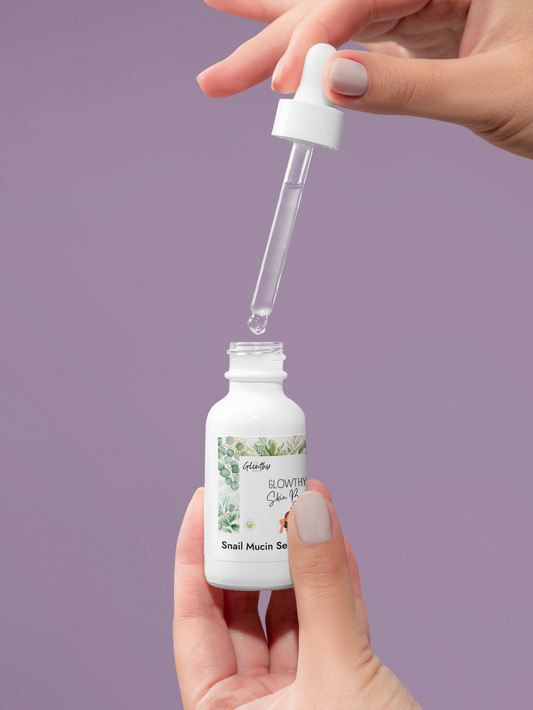 Snail Mucin Serum GLOWTHY+ SKIN BOOSTER - Hydrate & Brighten Skin, 1oz in white glass bottle with dropper 