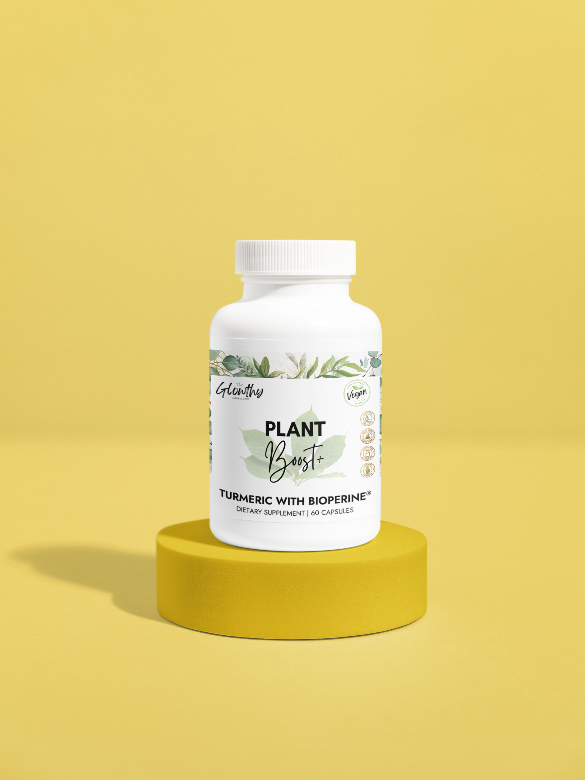 Turmeric with BioPerine Supplement PLANT BOOST+ Organic Turmeric with BioPerine supplement to enhance recovery, antioxidant support, and muscle function. Vegan, non-GMO, USA-made, 60 capsules.