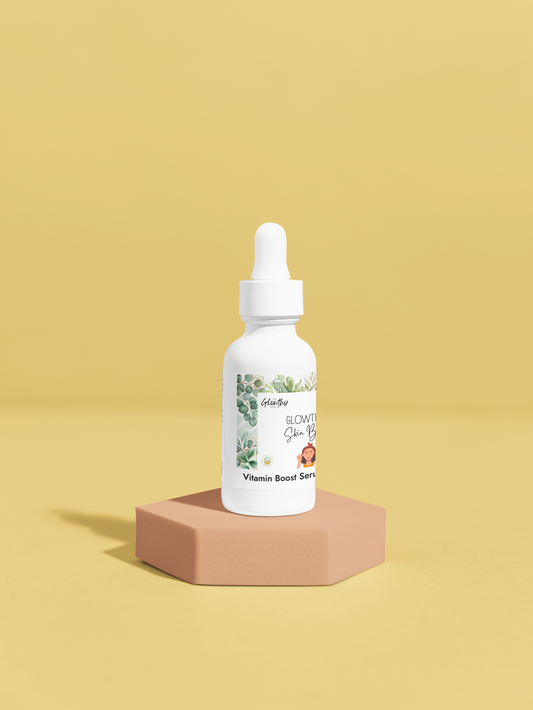 GLOWTHY+ SKIN BOOSTER Vitamin Boost Serum, 1oz bottle with a dropper, on a beige pedestal against a yellow background.
