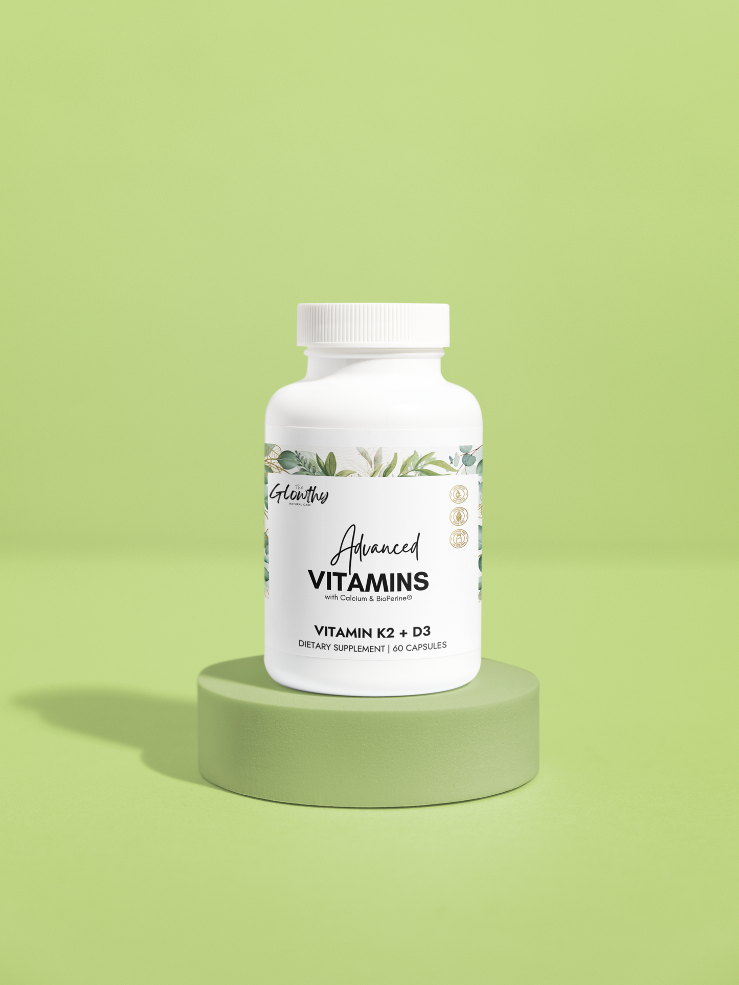 Vitamin K2 and D3 Supplement ADVANCE VITAMINS (60 Capsules) Must-have Vitamin K2 and D3 Supplement formulated to deliver synergistic benefits that support strong bones, a resilient heart, and optimal muscle and immune function. Supplement bottle on a green platform.