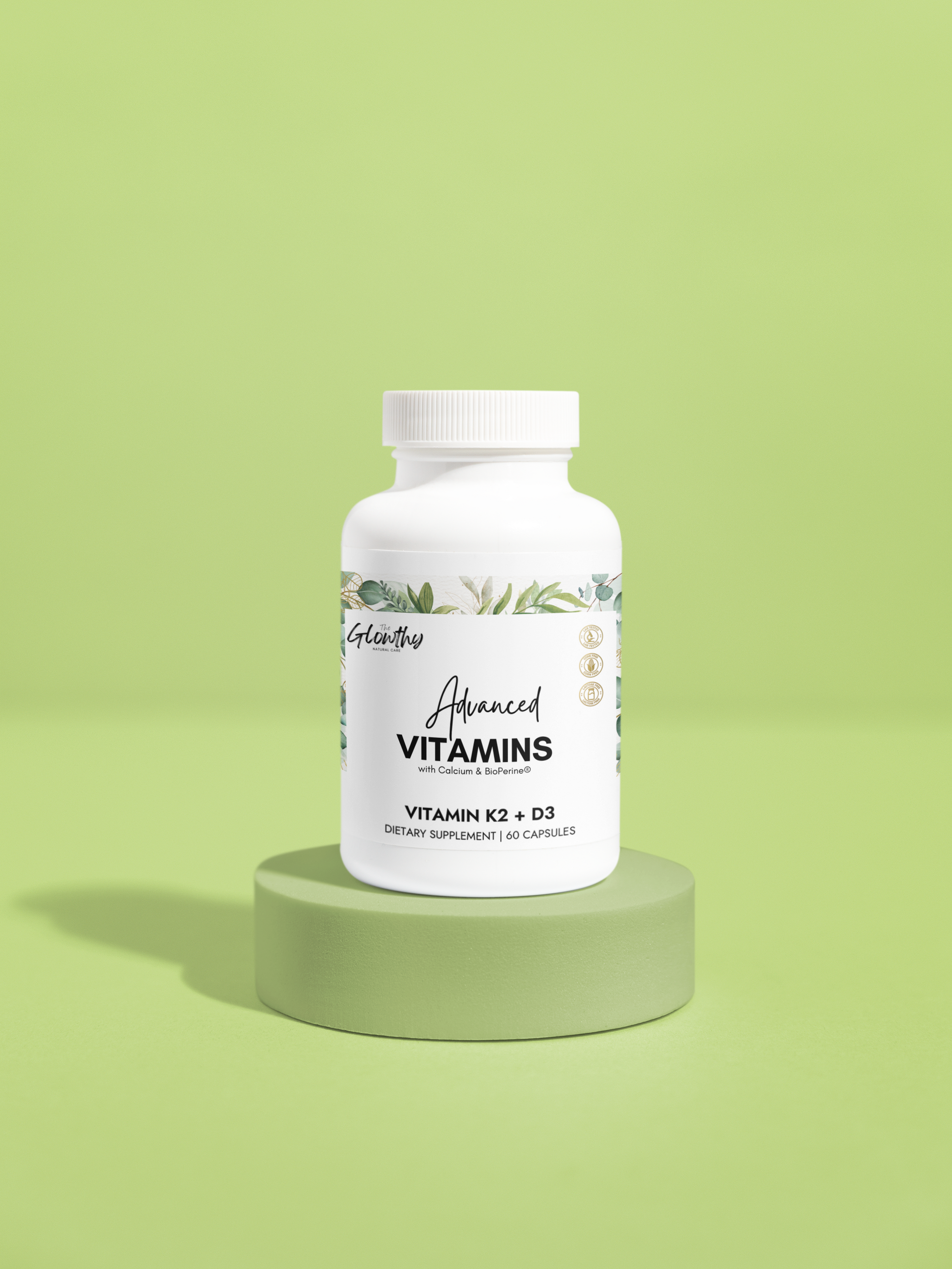 Vitamin K2 and D3 Supplement ADVANCE VITAMINS (60 Capsules) Must-have Vitamin K2 and D3 Supplement formulated to deliver synergistic benefits that support strong bones, a resilient heart, and optimal muscle and immune function. Supplement bottle on a green platform.